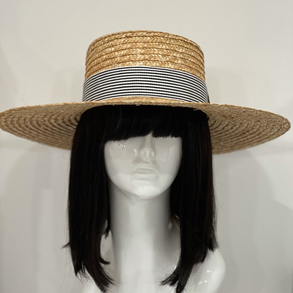 Summer Straw Hat with Blue and White Ribbon